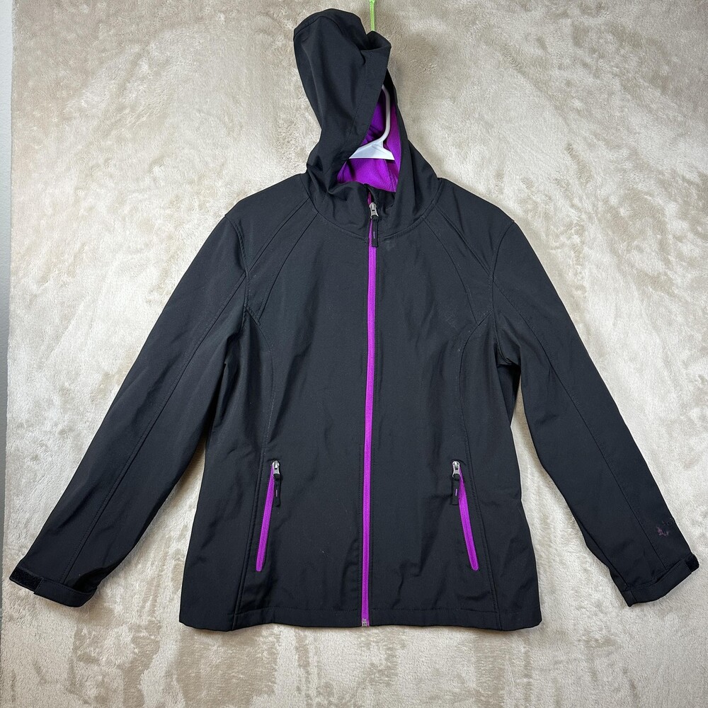 Free Tech Jacket Girls 16-18 Black Softshell Hooded Fleece Lined Zip Pockets